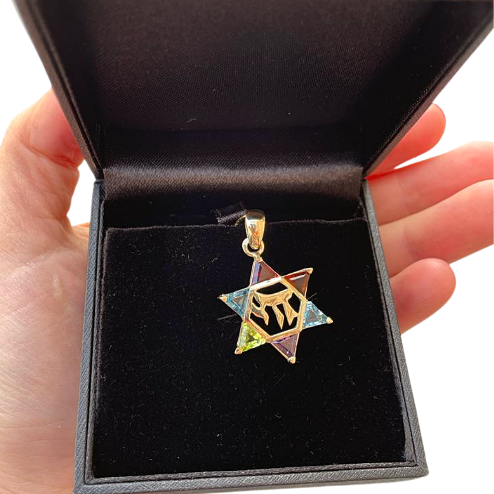 14k Gold Star of David Chai Multicolored Stone Pendant