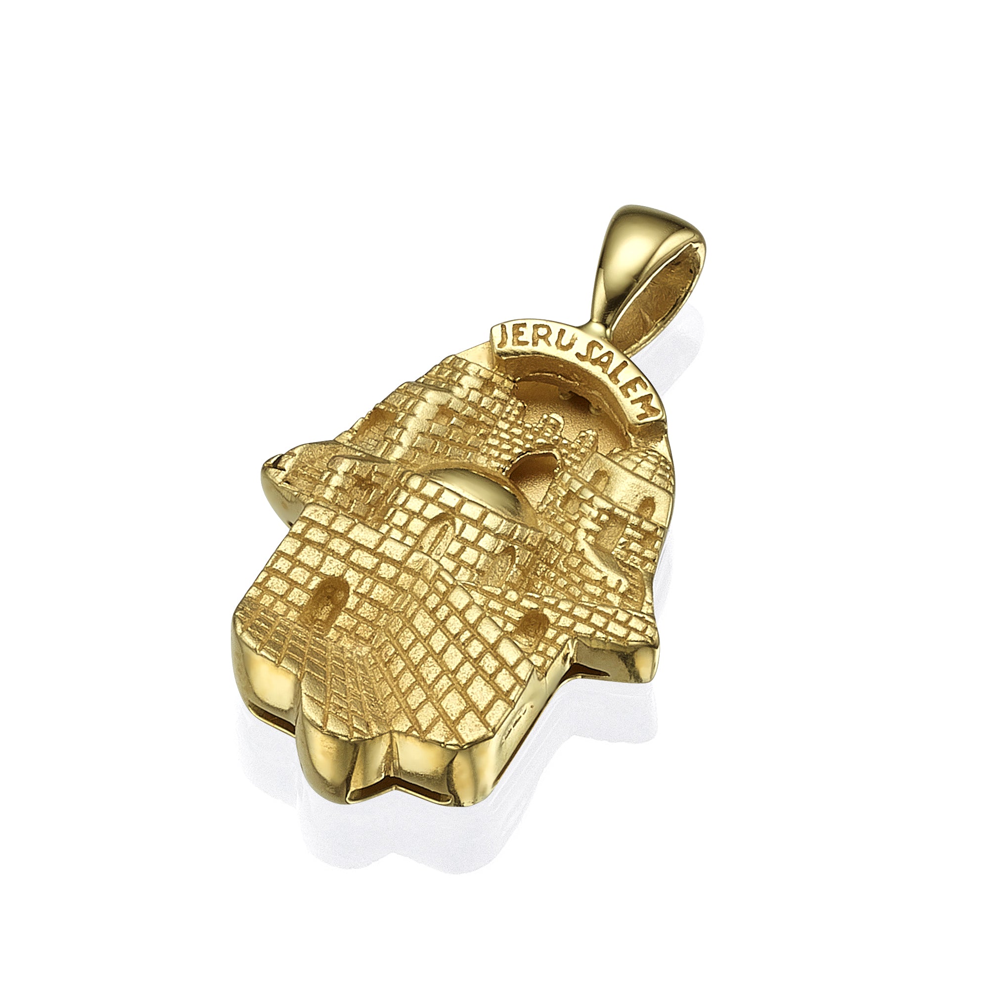 14k Gold 3D Old City Jerusalem Hamsa Thick Pendant