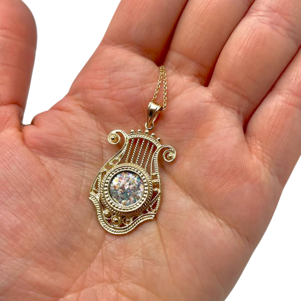 14k Gold Roman Glass Harp of David Pendant