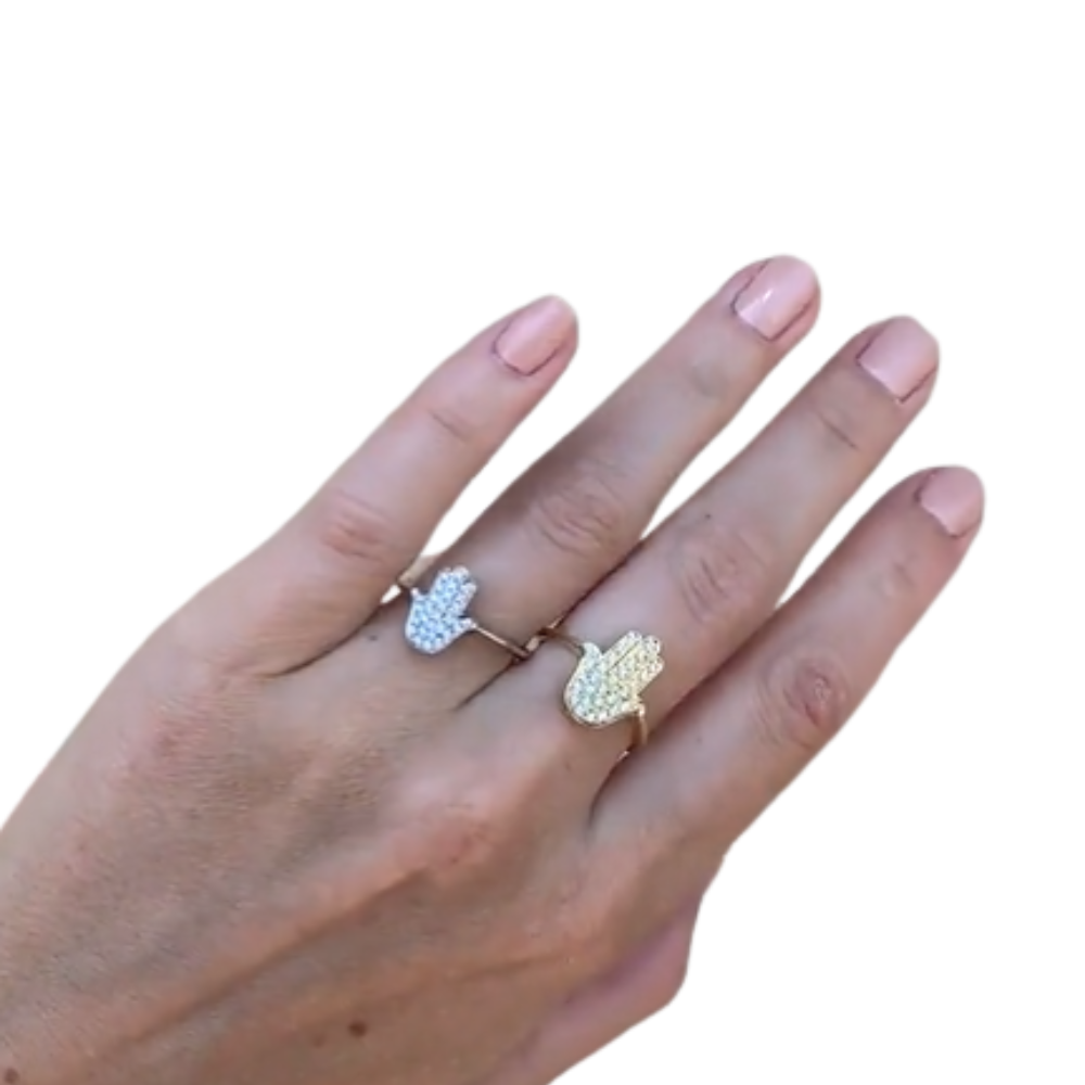 14k Gold Small Hamsa Ring Diamond Studded