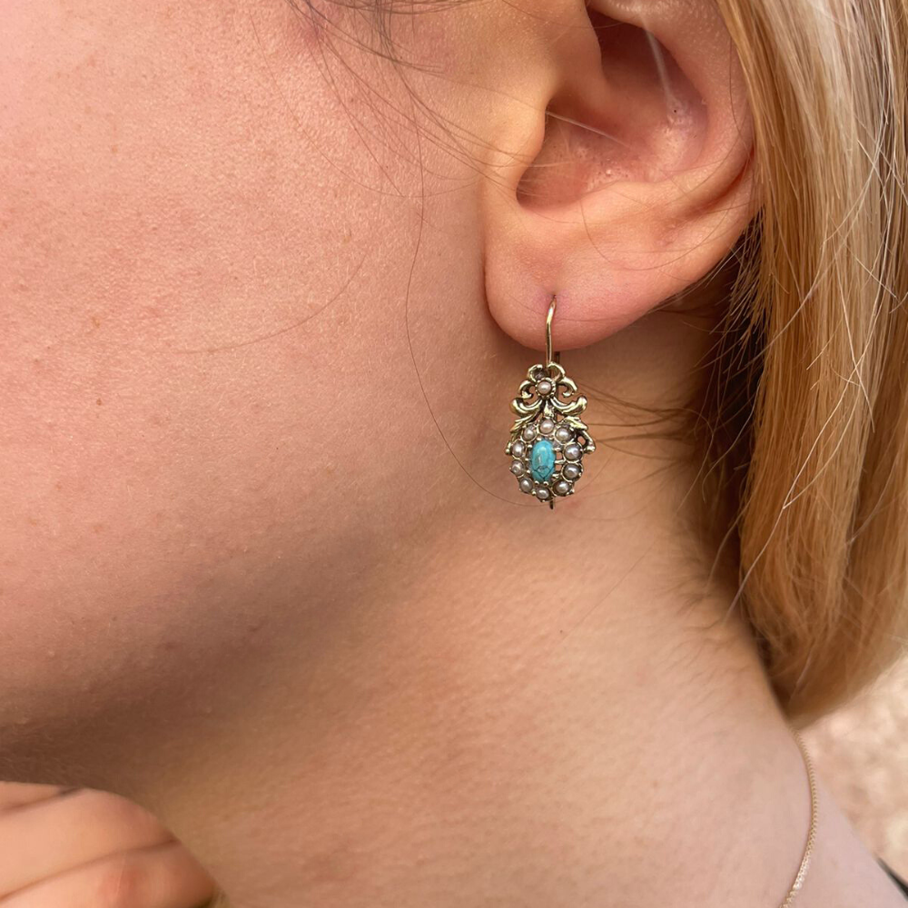14K Gold Vintage Style Earrings with Pearl & Turquoise