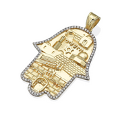 Hamsa Jerusalem Jewish Star 3D Pendant in 14k Gold with Diamonds