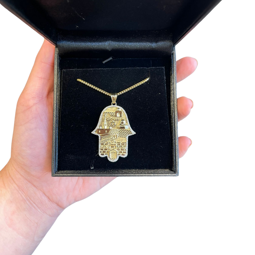 Hamsa Jerusalem Jewish Star 3D Pendant in 14k Gold with Diamonds