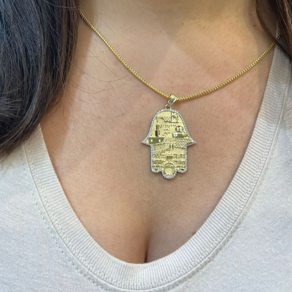 Hamsa Jerusalem Jewish Star 3D Pendant in 14k Gold with Diamonds