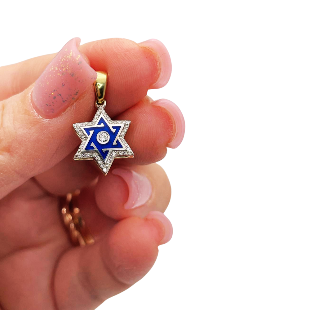 Star of David Pendant with Diamond Studded Border in 14K Yellow & White Gold with Blue Enamel