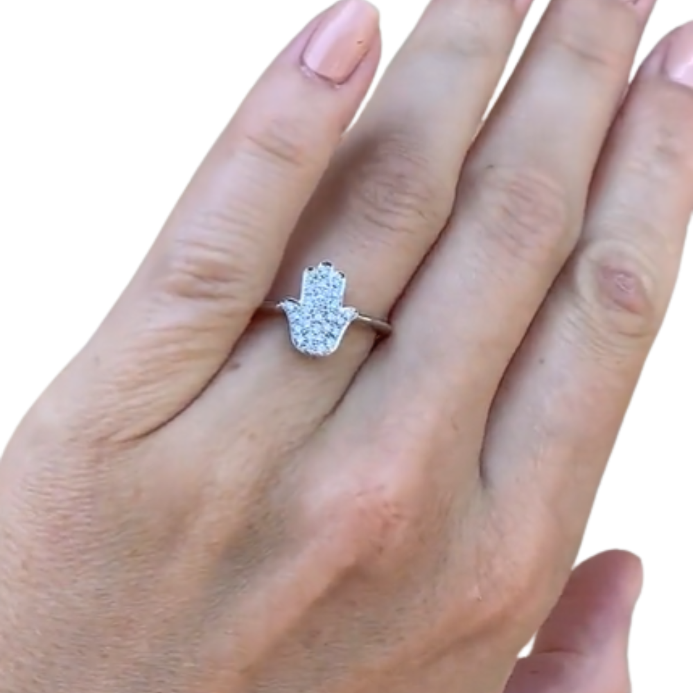 14k Gold Small Hamsa Ring Diamond Studded