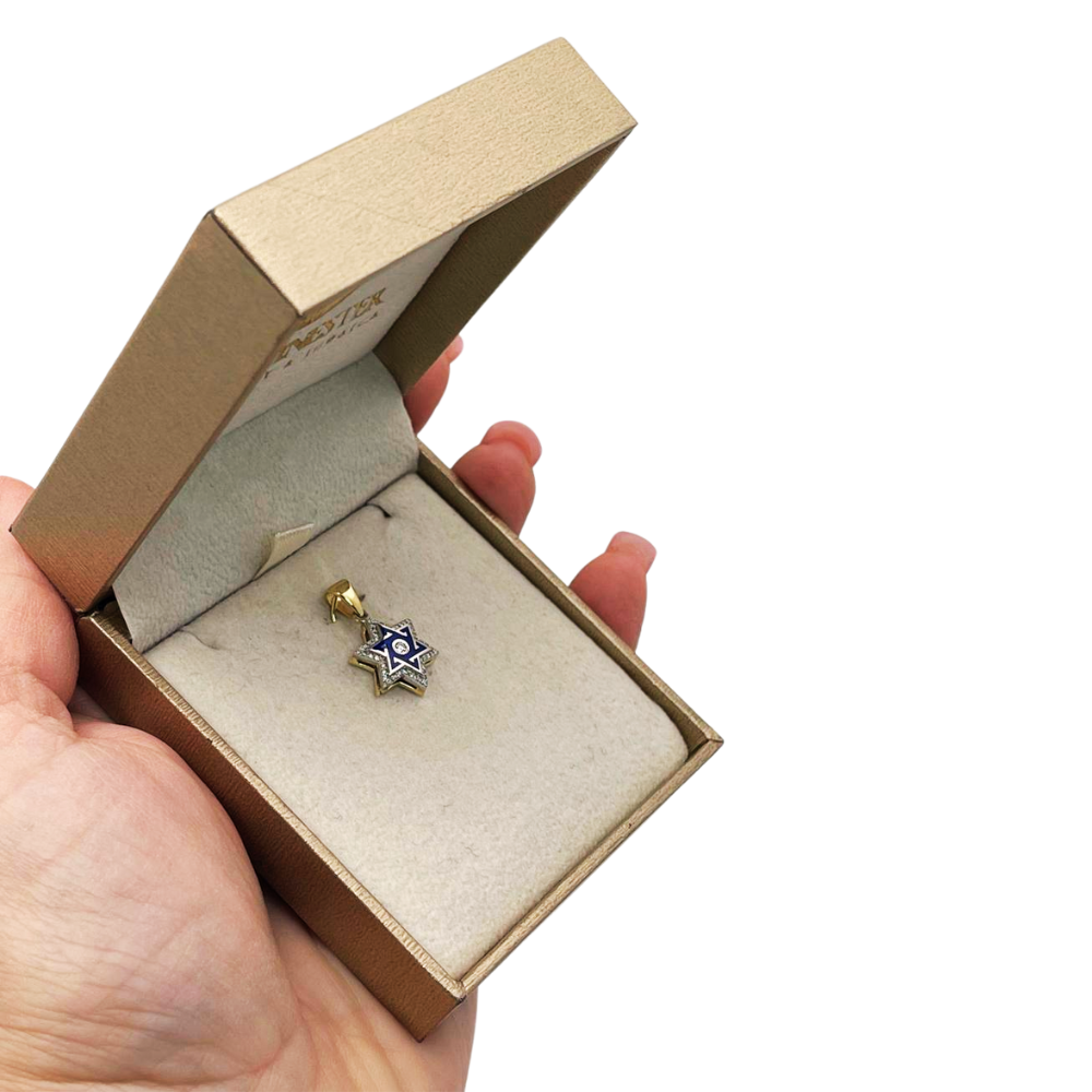 Star of David Pendant with Diamond Studded Border in 14K Yellow & White Gold with Blue Enamel