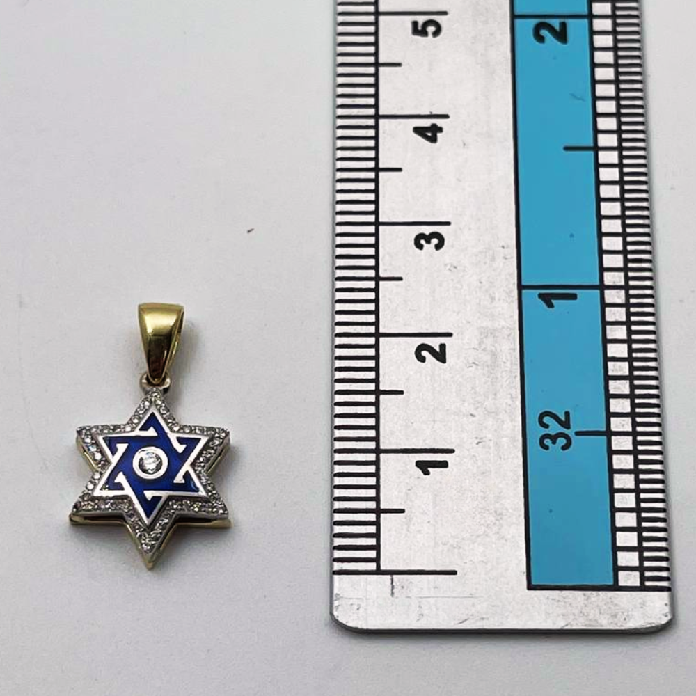 Star of David Pendant with Diamond Studded Border in 14K Yellow & White Gold with Blue Enamel