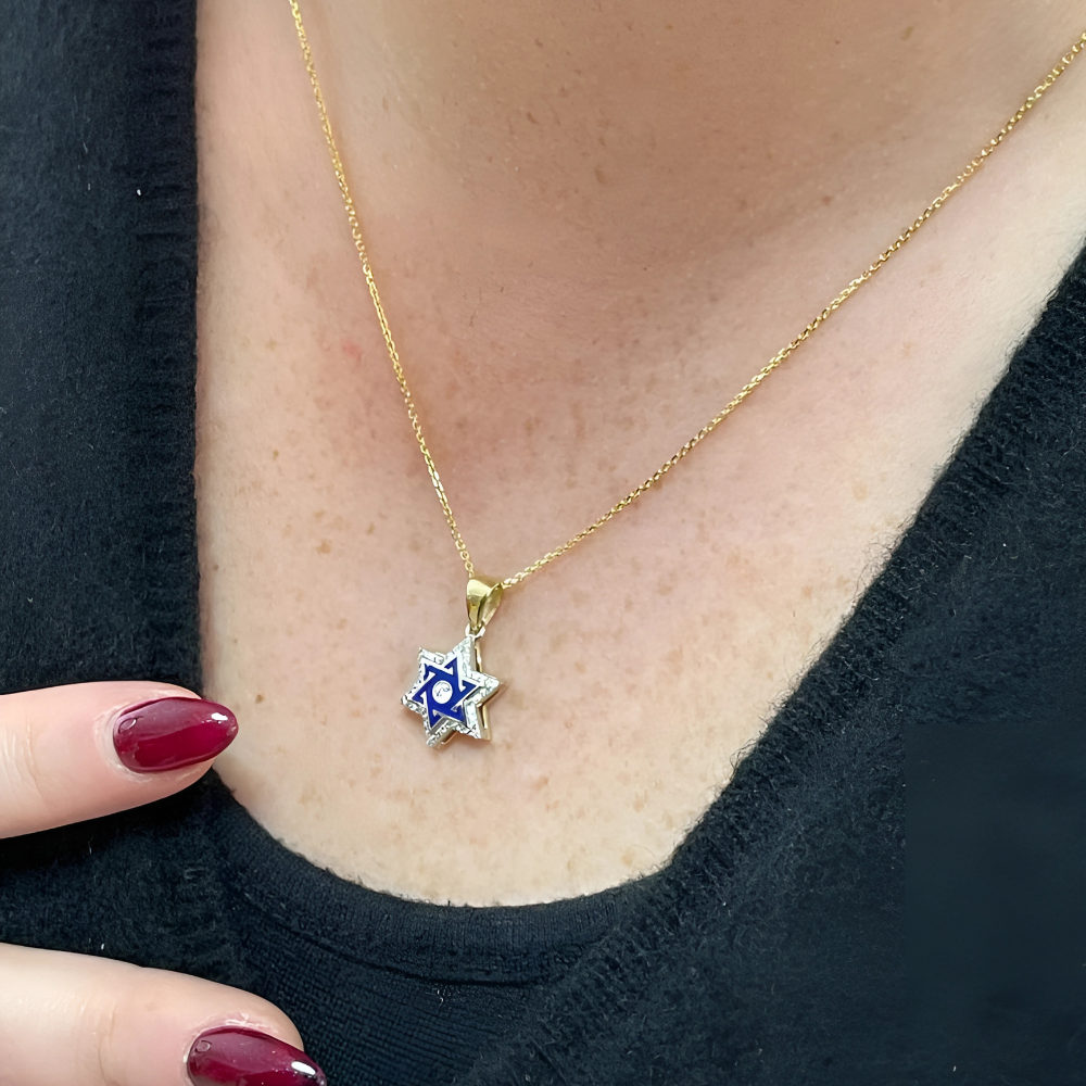 Star of David Pendant with Diamond Studded Border in 14K Yellow & White Gold with Blue Enamel