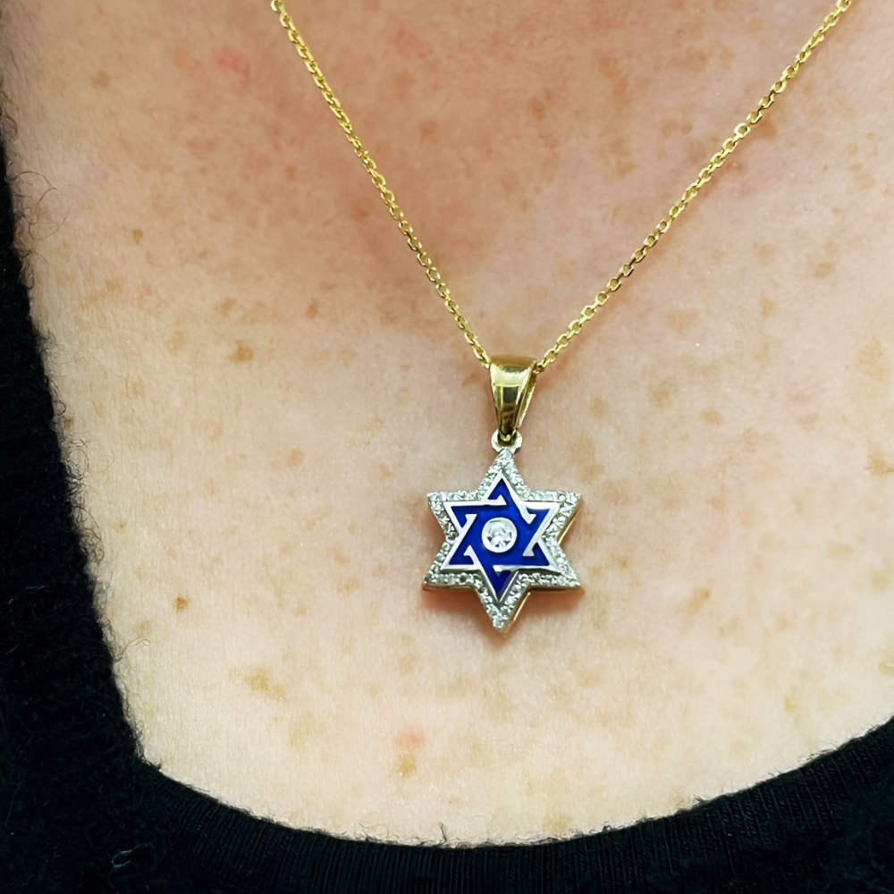 Star of David Pendant with Diamond Studded Border in 14K Yellow & White Gold with Blue Enamel