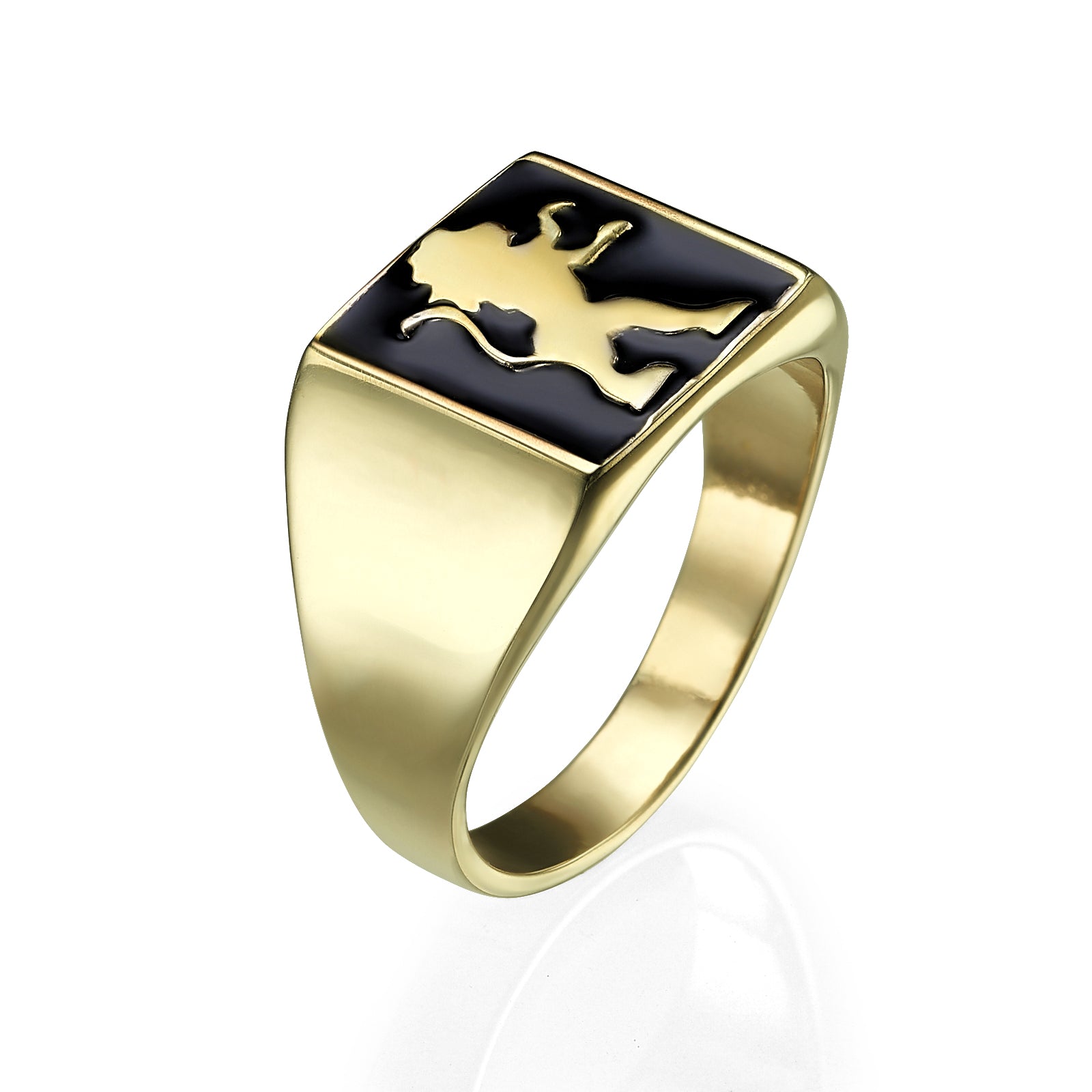 14K Yellow Gold and Black Enamel Lion of Judah Ring