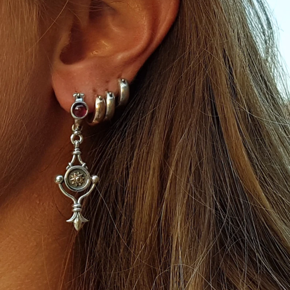 Gold and Silver Round Dangle Earrings With Garnet Gemstone