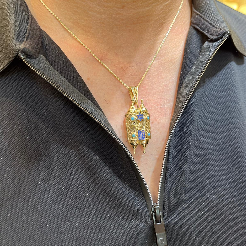 Turquoise 14k Gold Filigree Torah Pendant
