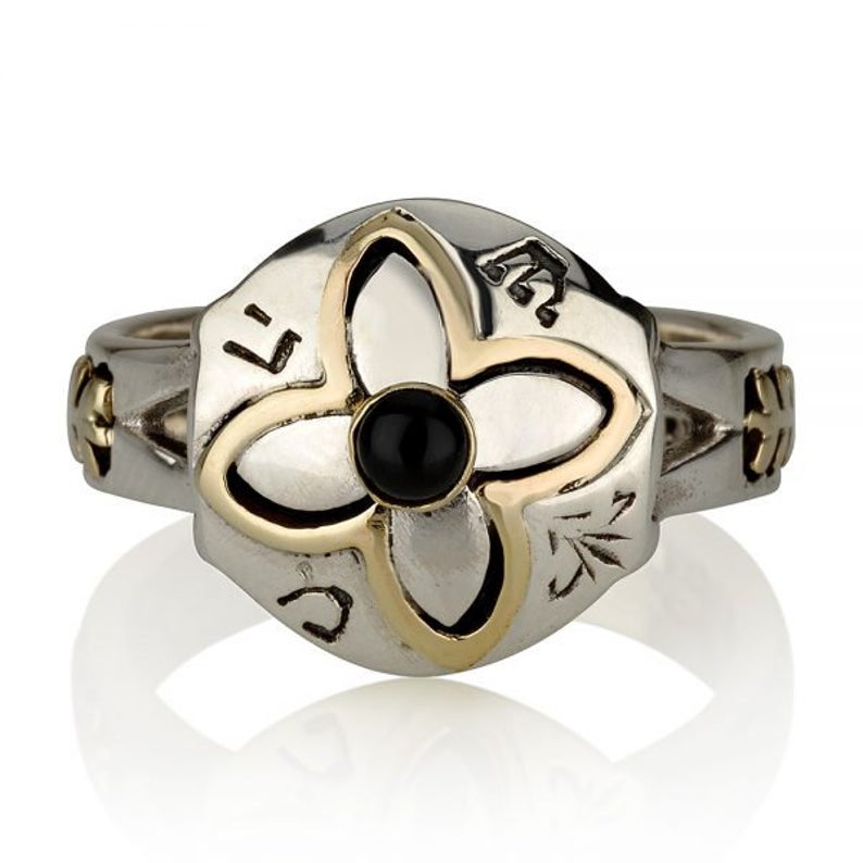 14K Gold and Silver 5 Metals Kabbalah Ring with Onyx / Cat’s Eye Stone
