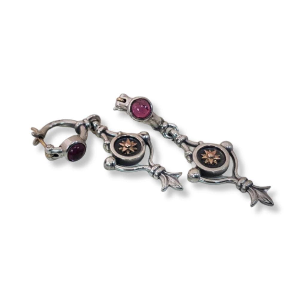 Gold and Silver Round Dangle Earrings With Garnet Gemstone