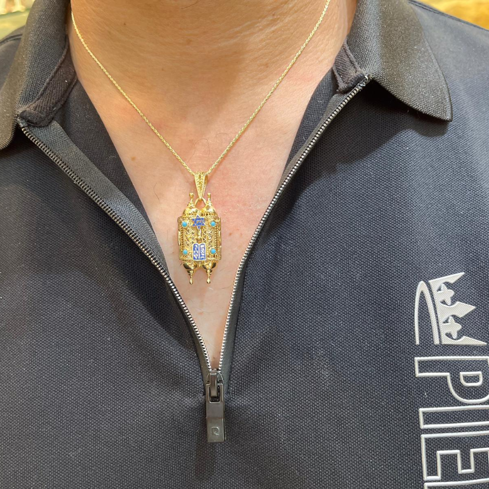 Turquoise 14k Gold Filigree Torah Pendant