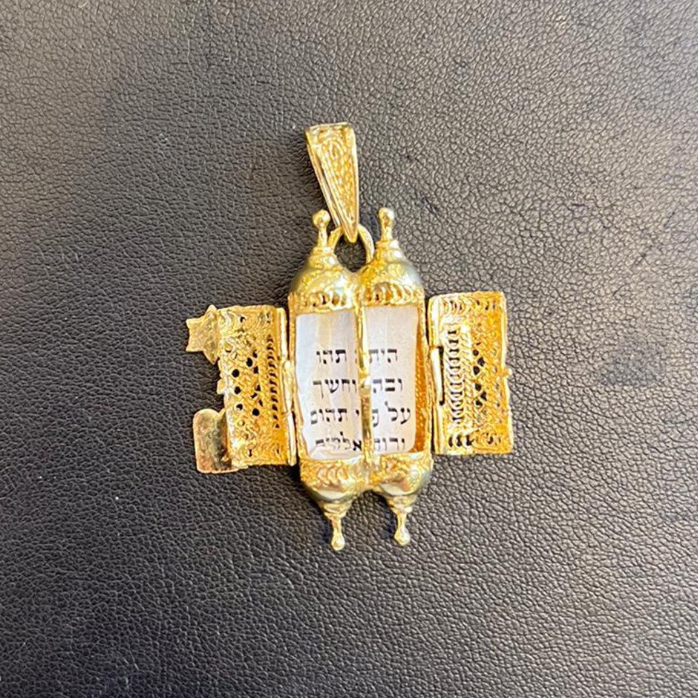 Turquoise 14k Gold Filigree Torah Pendant