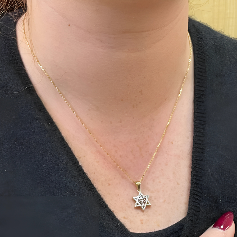 Diamond Star of David Menorah Pendant in 14K Two Tone Gold