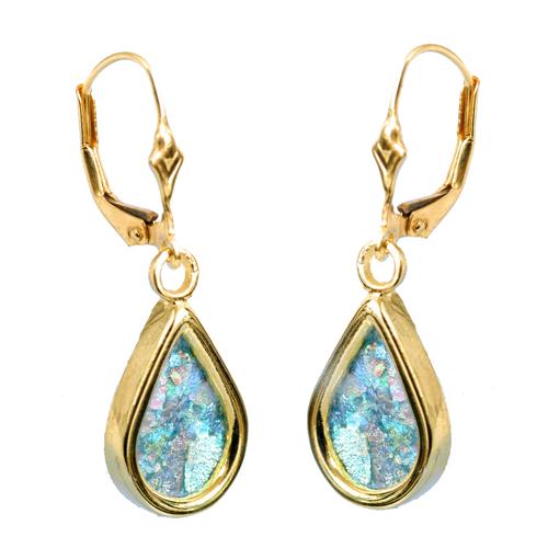 14k Gold Roman Glass Tear Drop Earrings