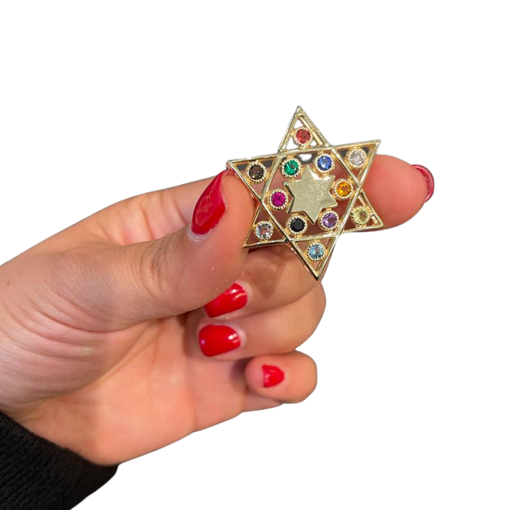 Star of David Pendant - 14K Yellow Gold Cut-out - with Hoshen Gemstones
