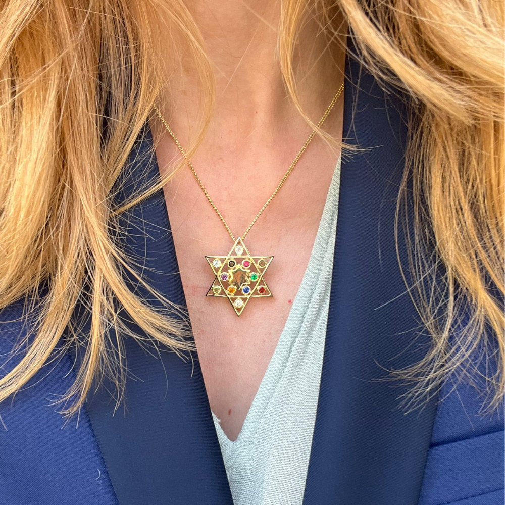 Star of David Pendant - 14K Yellow Gold Cut-out - with Hoshen Gemstones