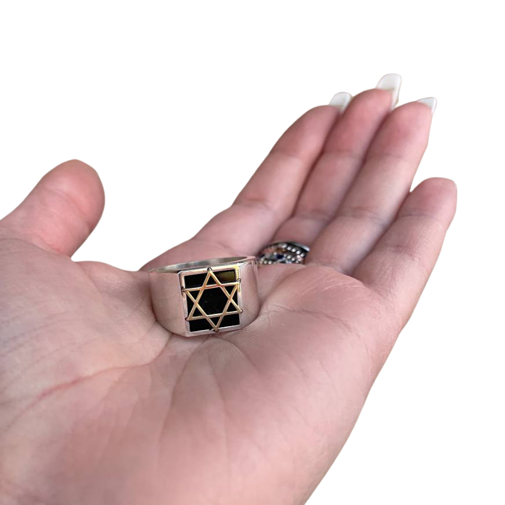 Silver & Onyx Star of David Ring with Hidden Lions of Judah