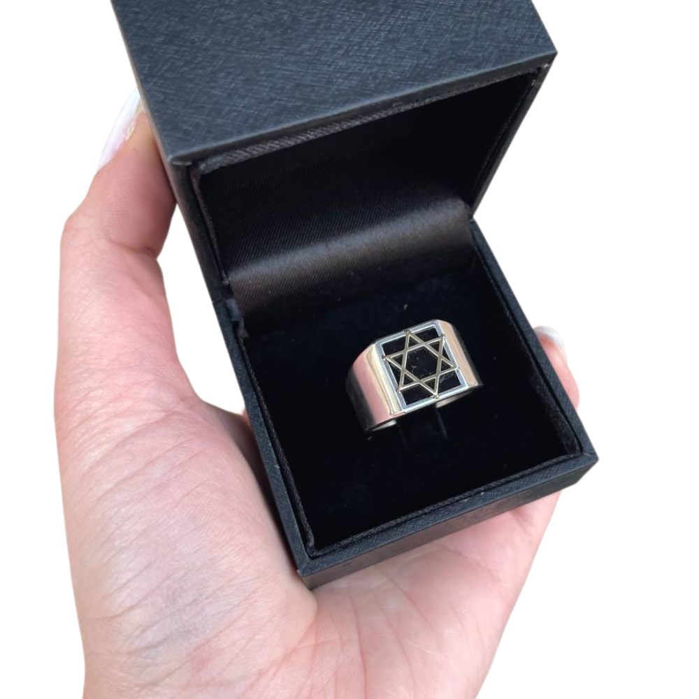 Silver & Onyx Star of David Ring with Hidden Lions of Judah