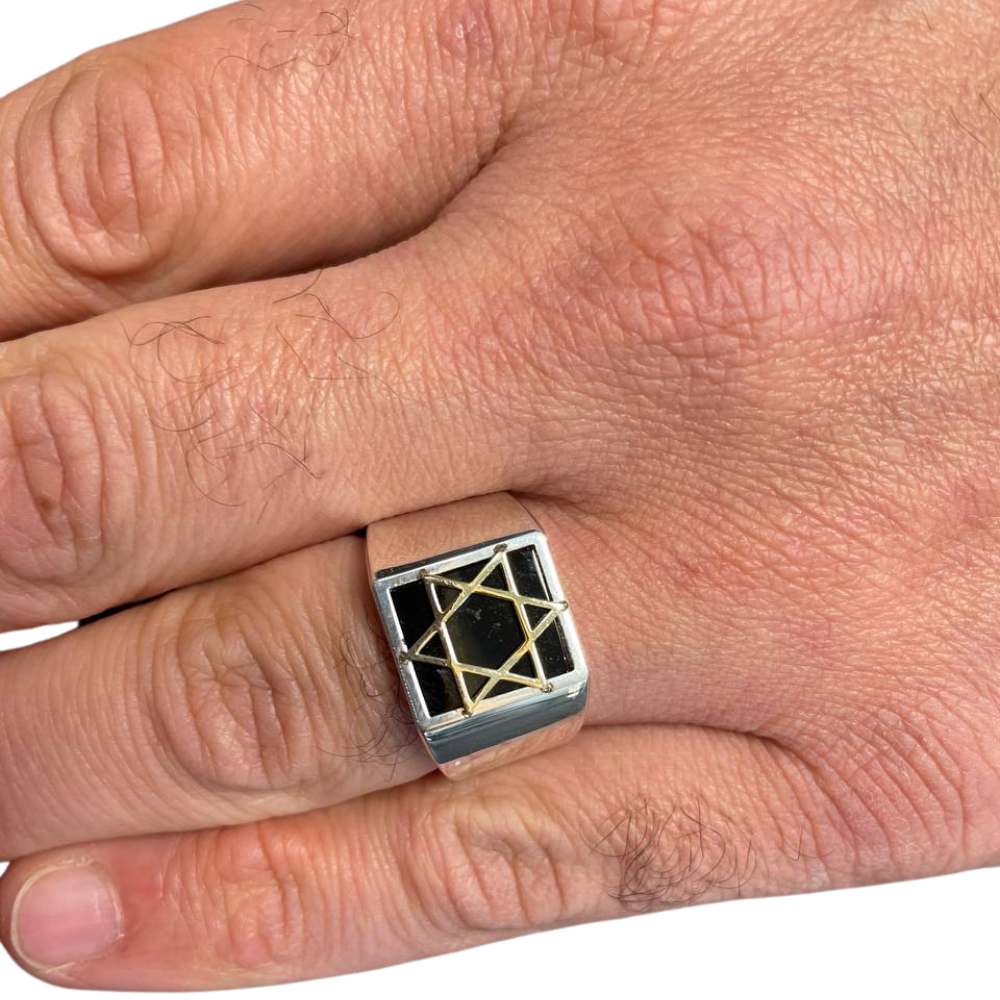 14K Gold Black Onyx Star of David Ring