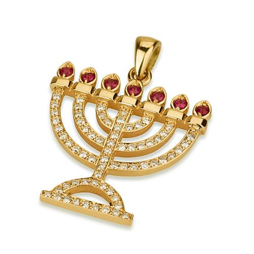 Ruby Diamond Menorah Pendant 14k Yellow Gold