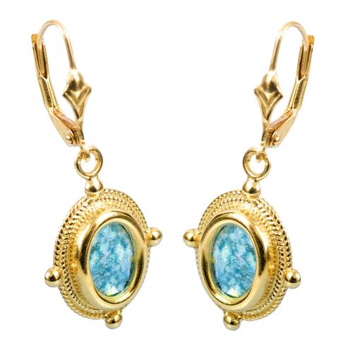 14k Gold Roman Glass Yemenite Design Earrings