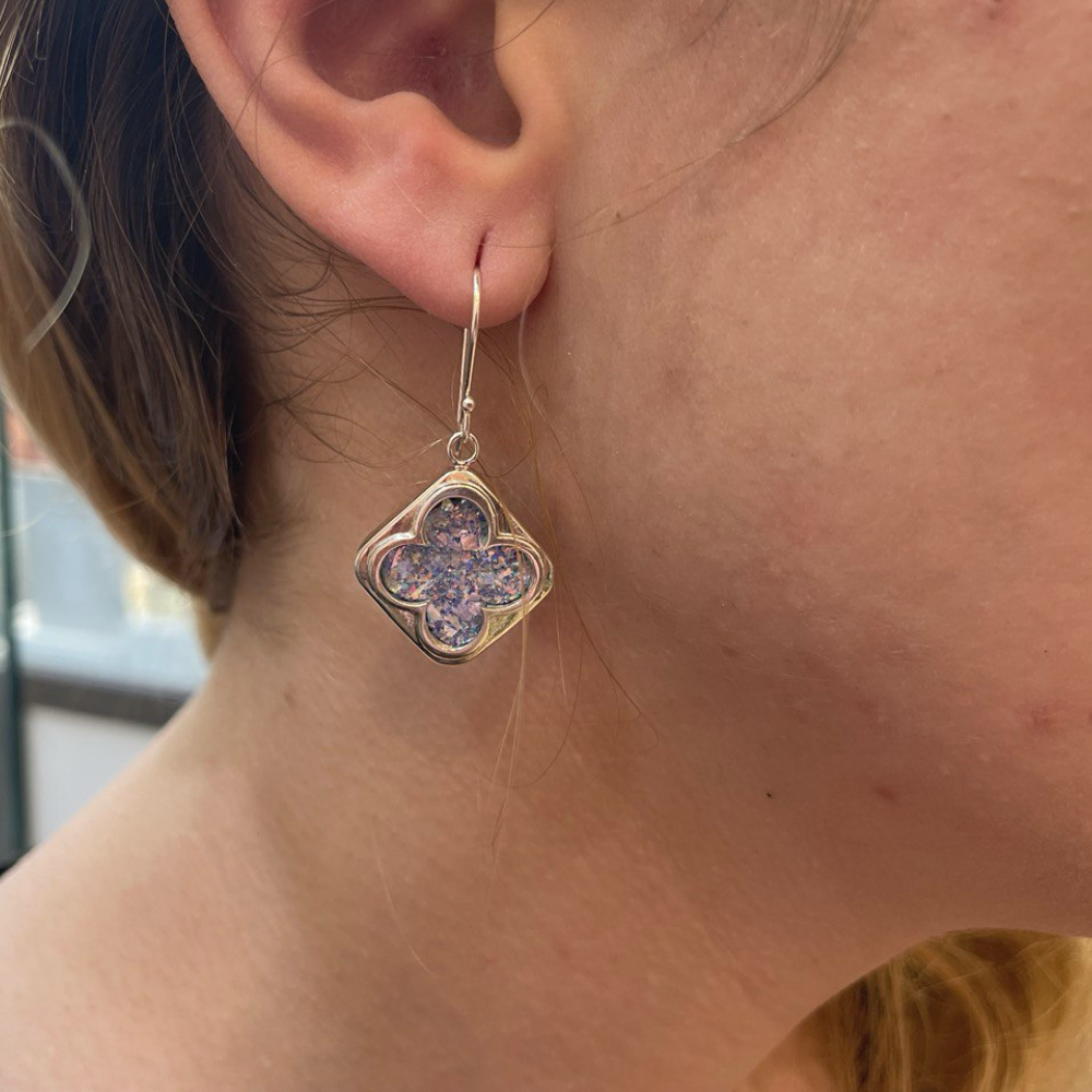 Sterling Silver Square Earrings with Roman Glass