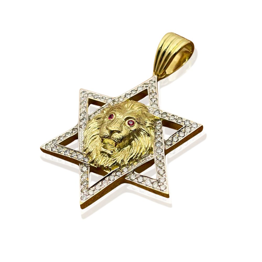 Star of David with Lion of Judah Pendant For Men in 14K Gold with Diamonds & Rubies