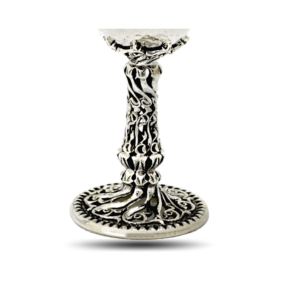 Kiddush Cup in Sterling Silver with Filigree Stem and Hammered Look
