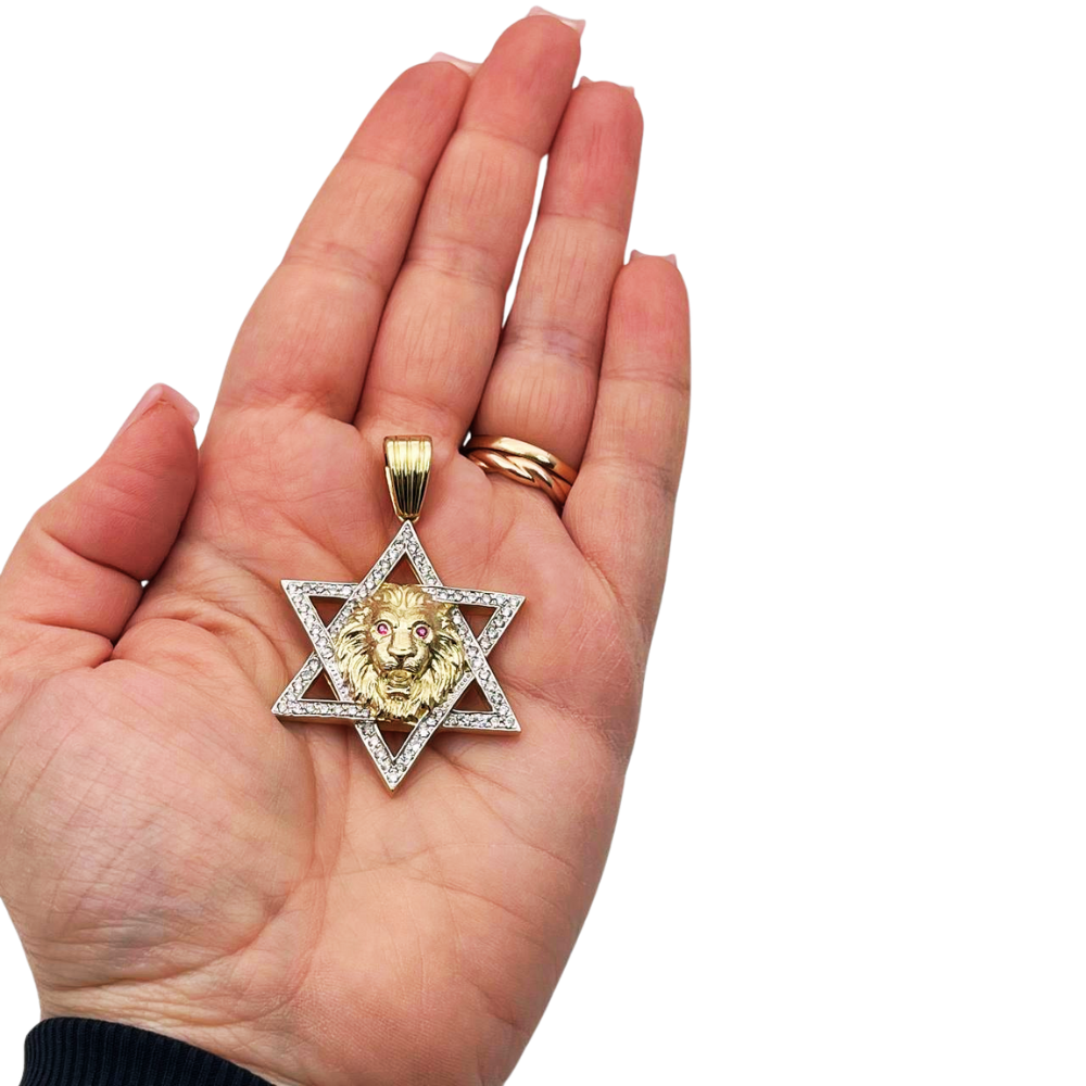 Star of David with Lion of Judah Pendant For Men in 14K Gold with Diamonds & Rubies