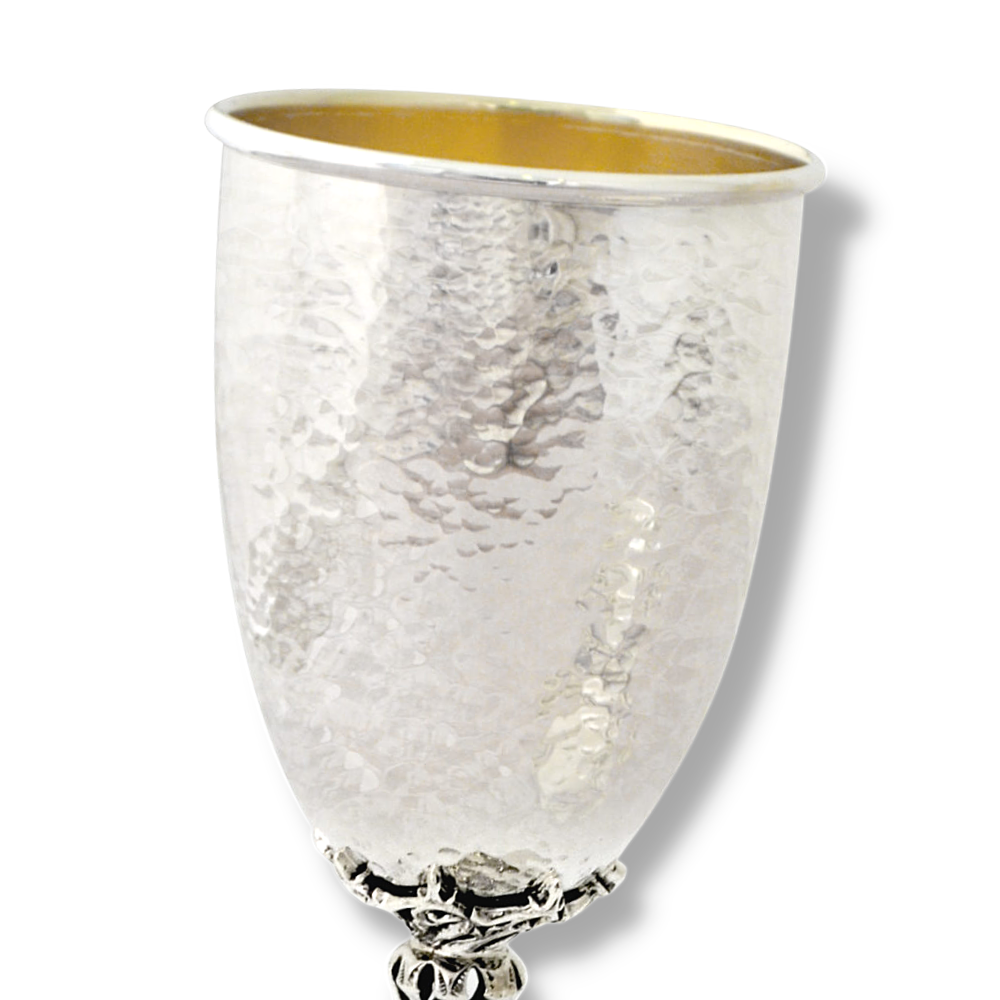 Kiddush Cup in Sterling Silver with Filigree Stem and Hammered Look