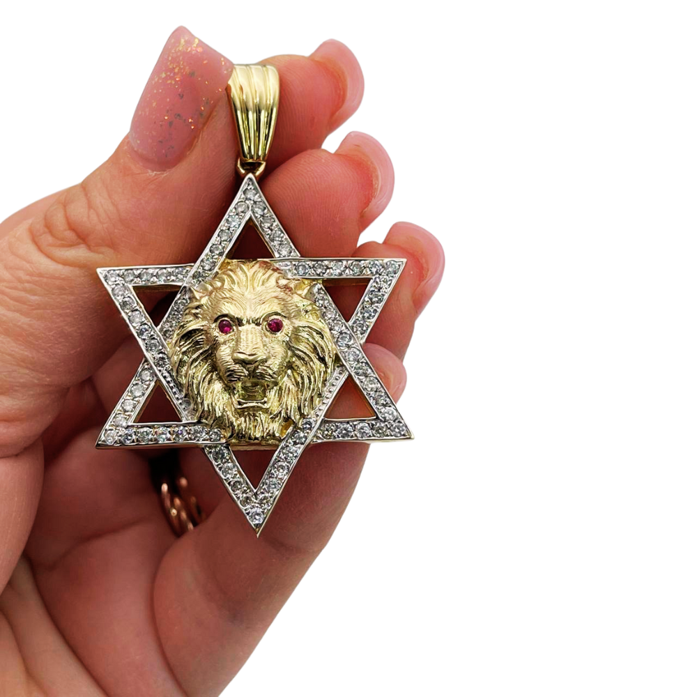 Star of David with Lion of Judah Pendant For Men in 14K Gold with Diamonds & Rubies