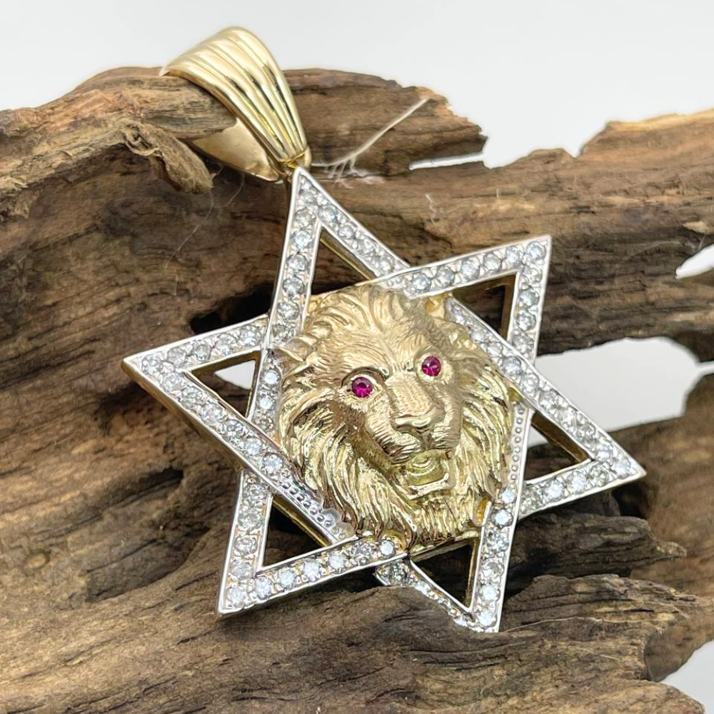 Star of David with Lion of Judah Pendant For Men in 14K Gold with Diamonds & Rubies