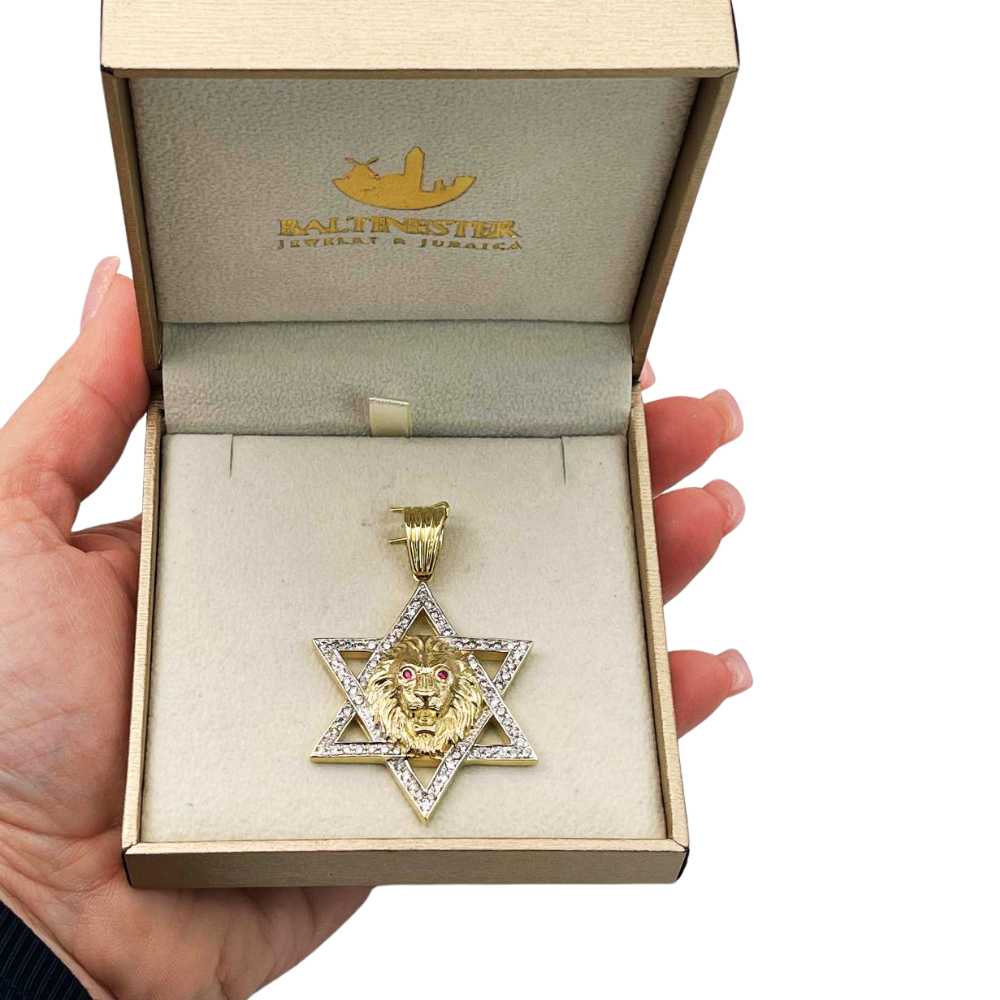 Star of David with Lion of Judah Pendant For Men in 14K Gold with Diamonds & Rubies