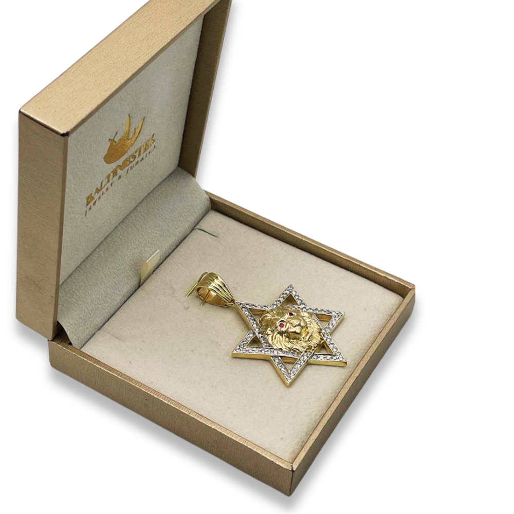 Star of David with Lion of Judah Pendant For Men in 14K Gold with Diamonds & Rubies