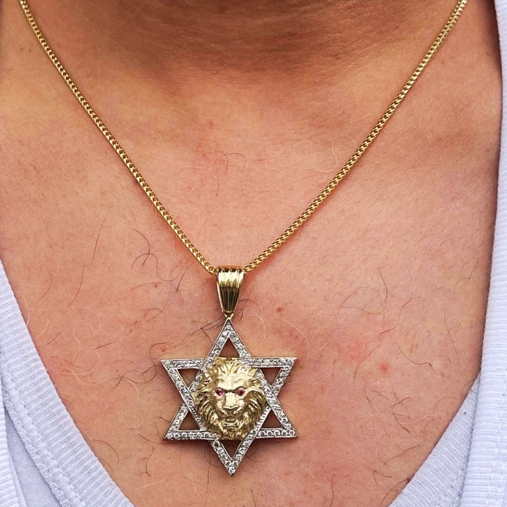 Star of David with Lion of Judah Pendant For Men in 14K Gold with Diamonds & Rubies