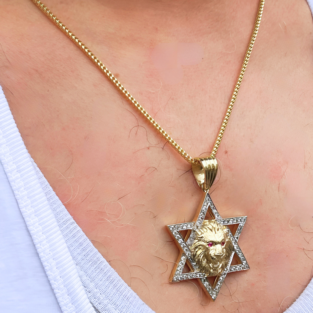 Star of David with Lion of Judah Pendant For Men in 14K Gold with Diamonds & Rubies