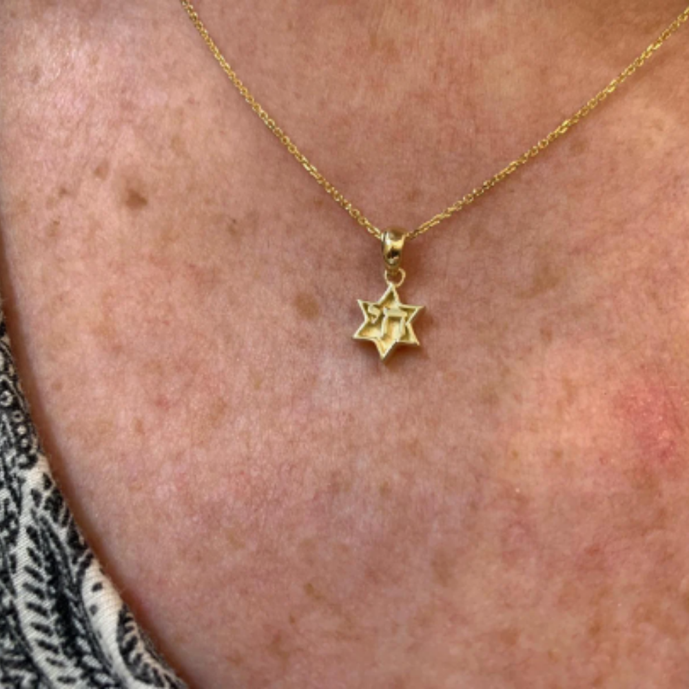 Dainty Chai Star of David Pendant in 14K Gold