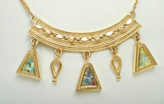 14k Gold Roman Glass Yemenite Necklace