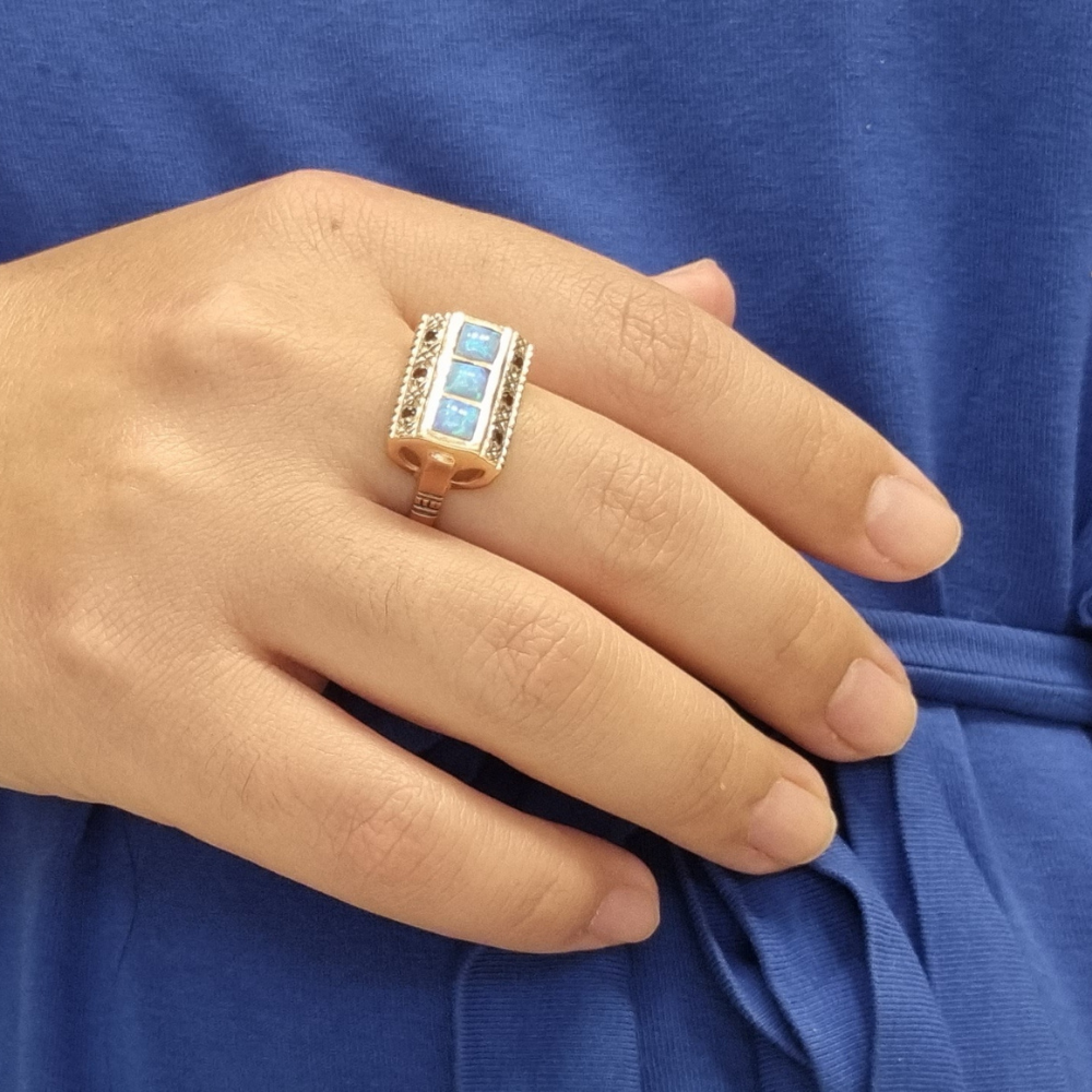 14k Rose Gold Ring - Garnet and Opal Rectangular