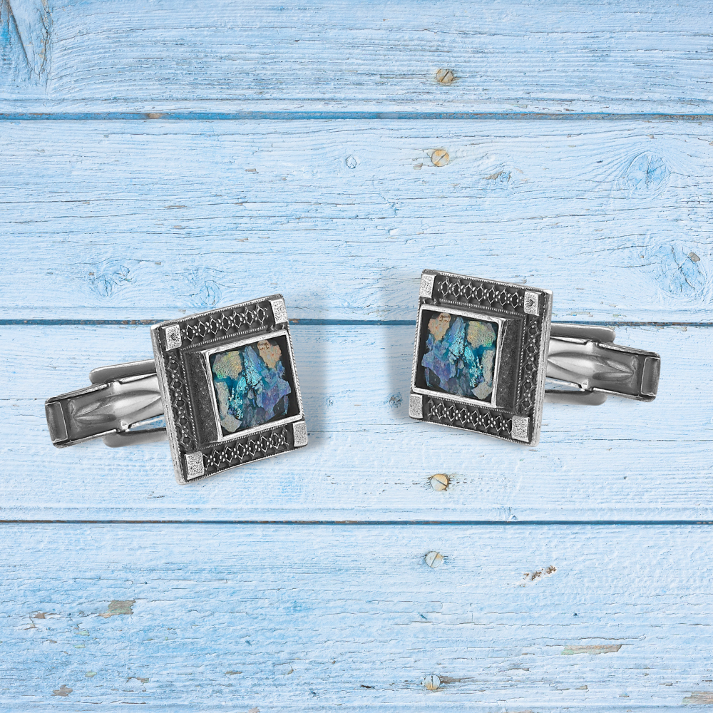 Israeli Roman Glass Sterling Silver Rectangle Cufflinks