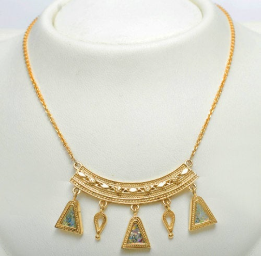 14k Gold Roman Glass Yemenite Necklace