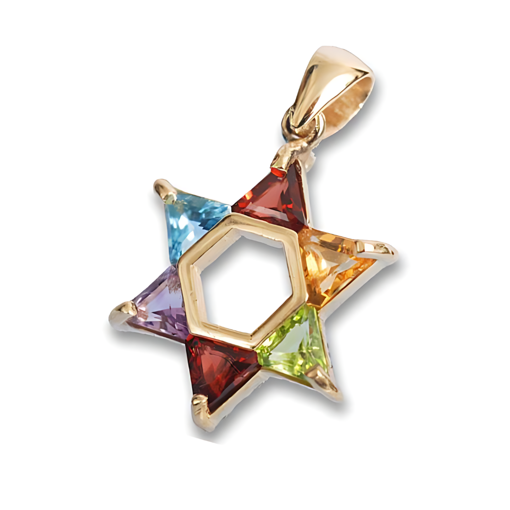 Colorful Gemstones Star of David Pendant in 14K Gold - 18 mm