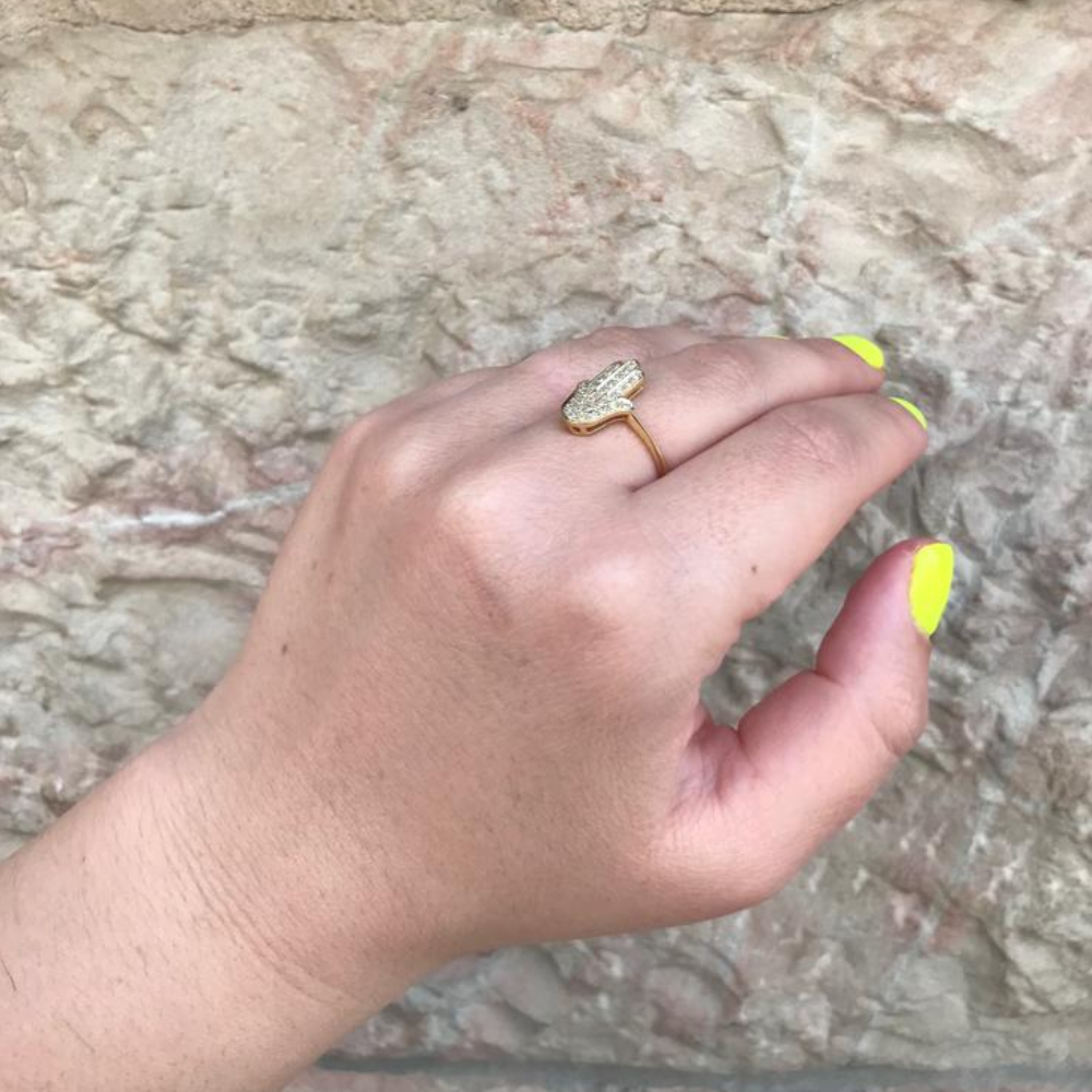 14K Gold Large Hamsa Ring Diamond Studded