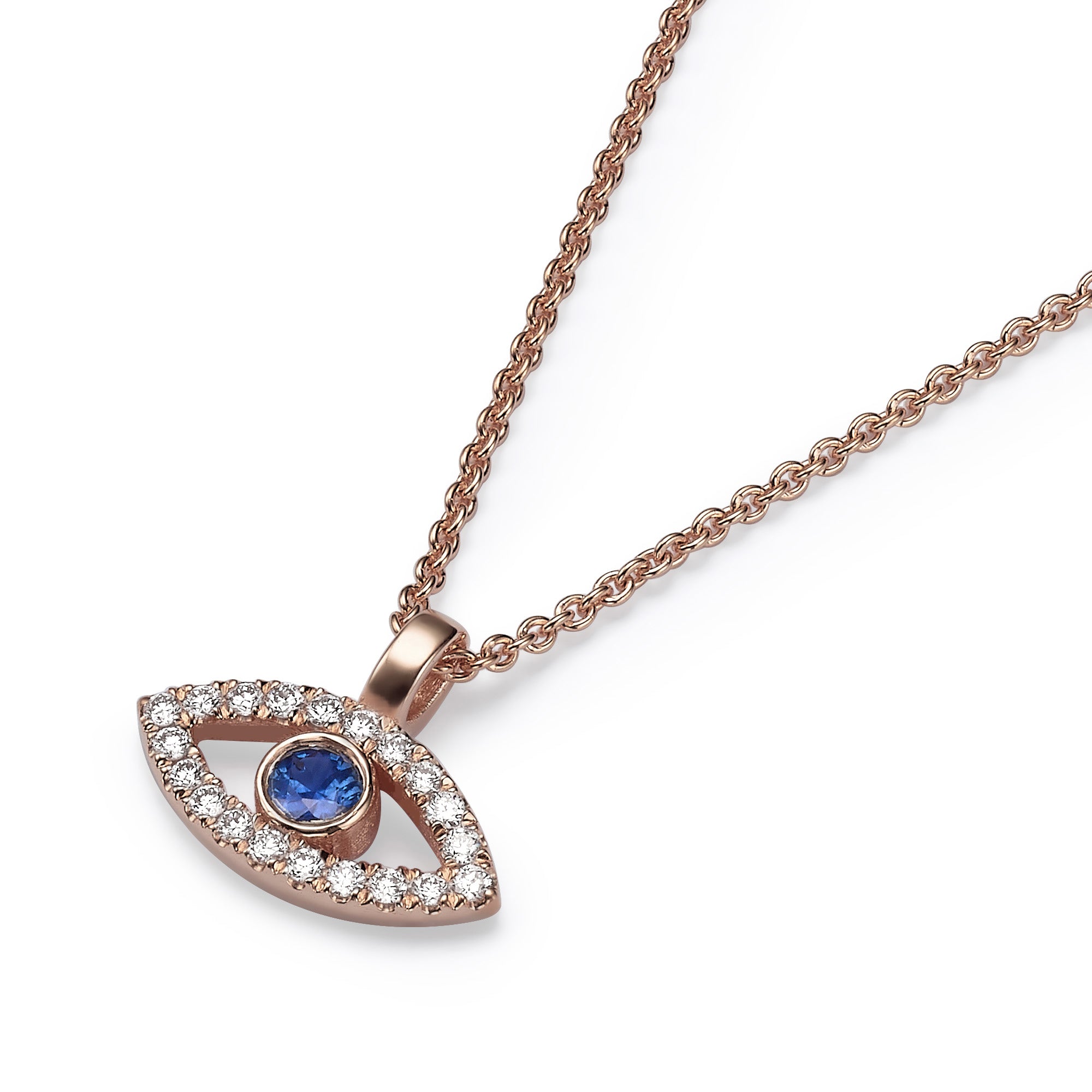 Evil Eye Necklace18k Rose Gold Evil Eye Diamond and Sapphire Pendant Chain Set