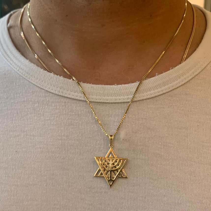 14k Gold Dual Layer Menorah Star of David Pendant